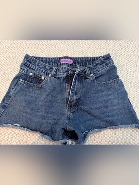 Edikted Dark Blue High-Rise Denim Cutoff Shorts